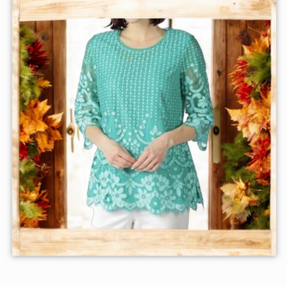 Isaac Mizrahi Live! Green Crochet Lace Overlay Tunic Top Sz Lg beautifu… - Picture 4 of 11